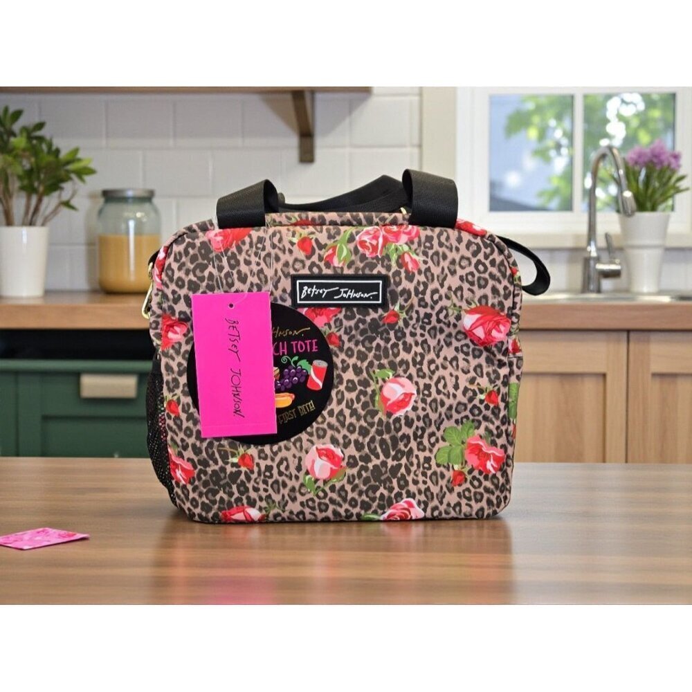 New Travel Betsey Johnson Insulated Lunch Tote Bag Leopard With Roses